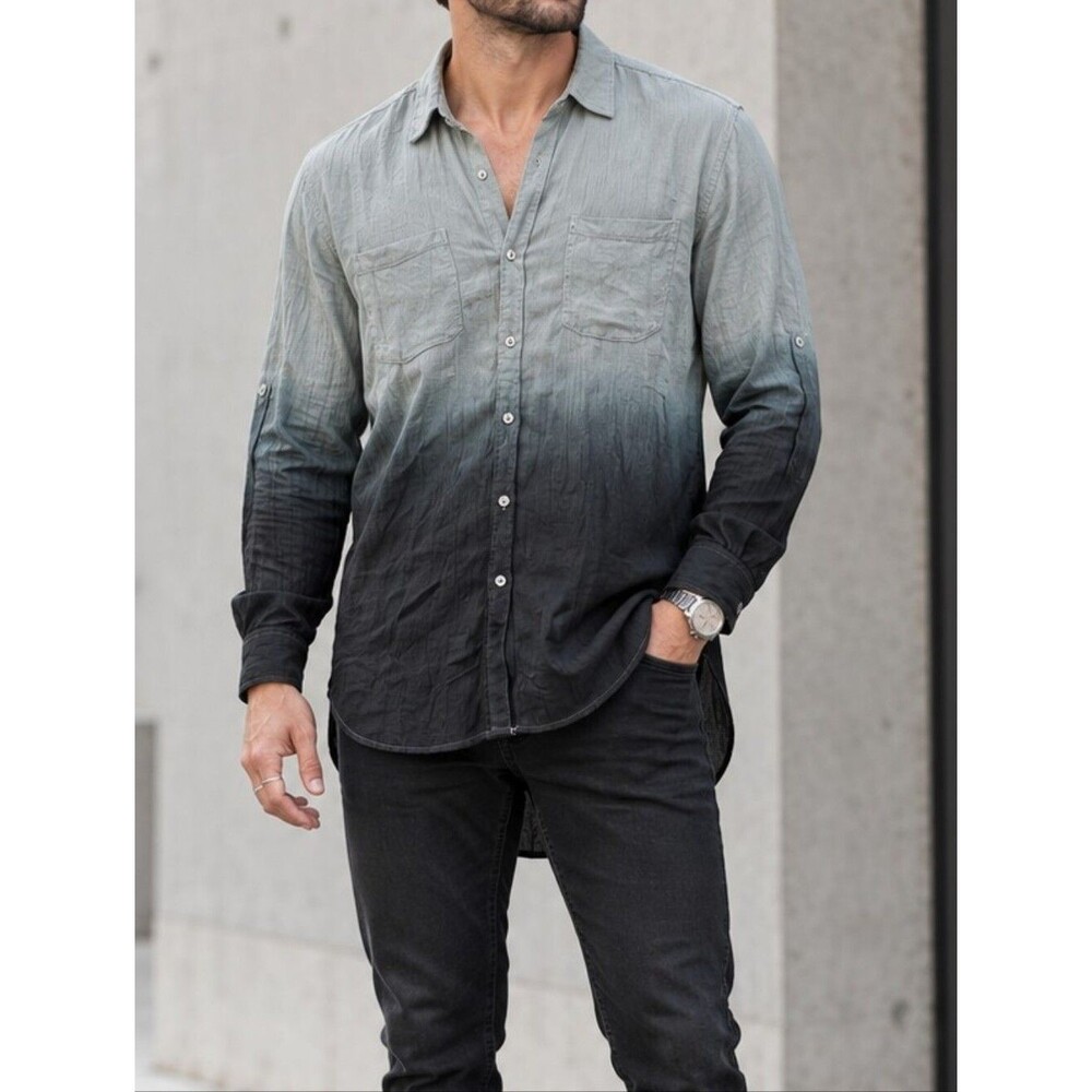 NWT Rock & Republic Ombré Button Up Shirt Blue L Dip Dye L/S Crinkle Sh